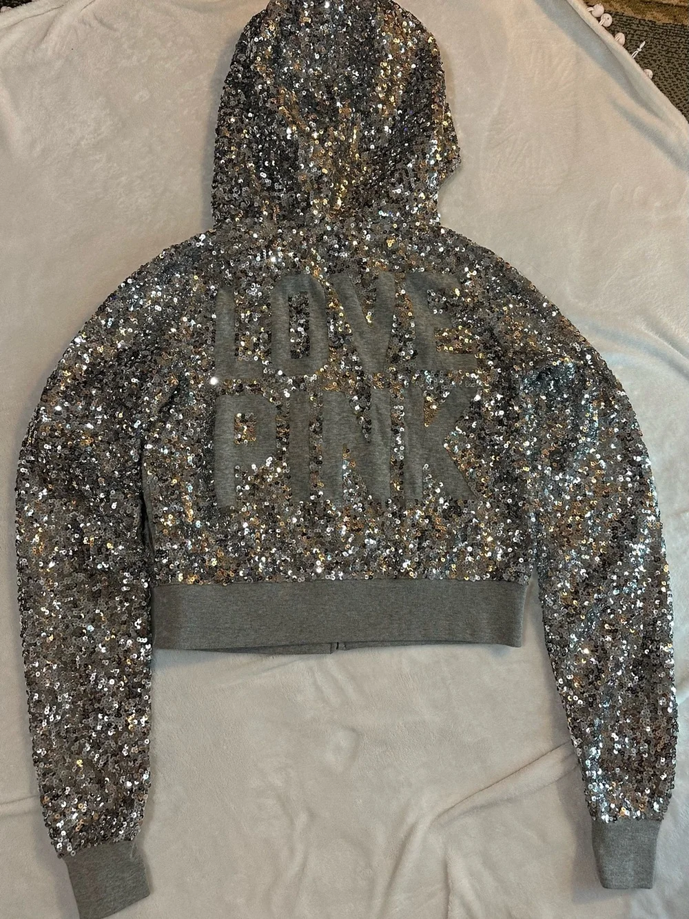 PINK Victoria's Secret Silver Sequin 'LOVE PINK' Hoodie - Picture 2 of 10